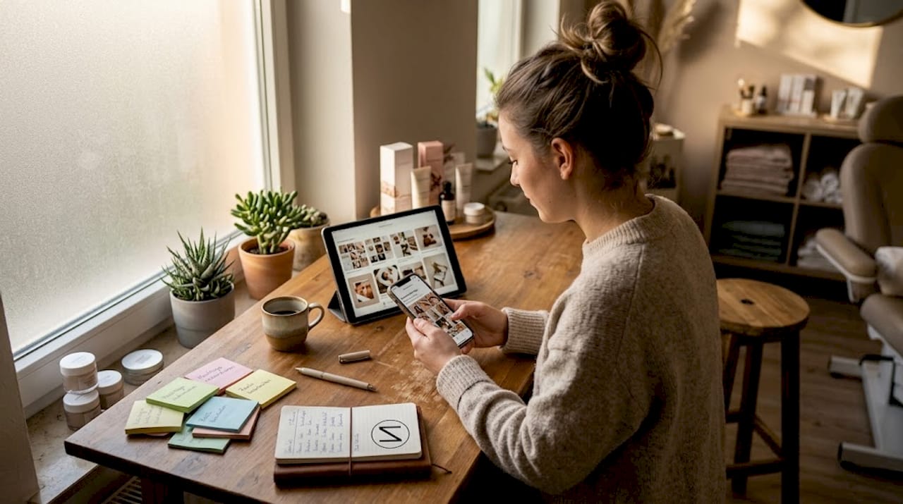 Inhaberin eines Kosmetikstudios beim Planen ihrer Social-Media-Beiträge