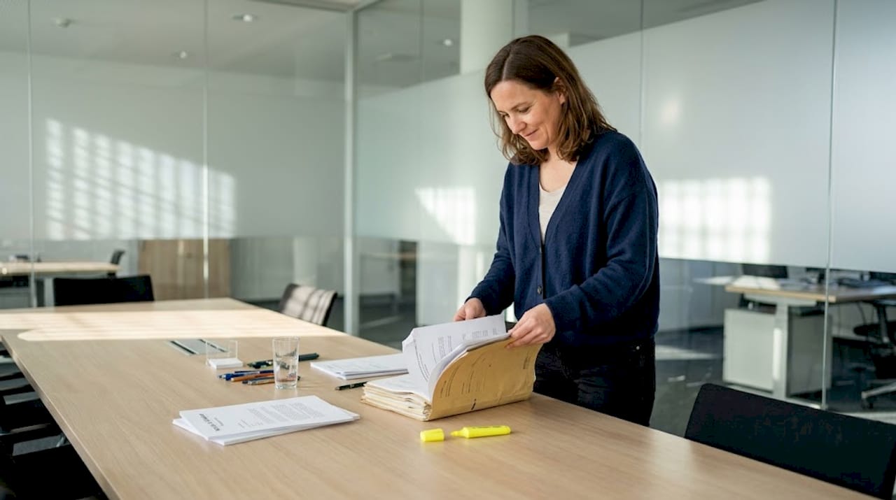 Eine Geschäftsfrau geht am Konferenztisch sorgfältig ihre Vertragsunterlagen durch.