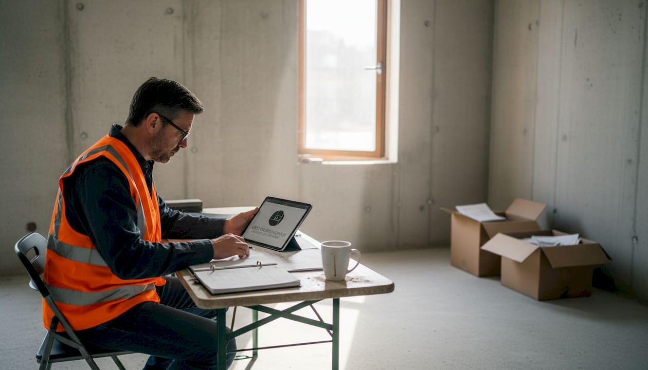 Der Bauleiter überprüft die Baupläne für das energieeffiziente Wohnhaus direkt vor Ort.