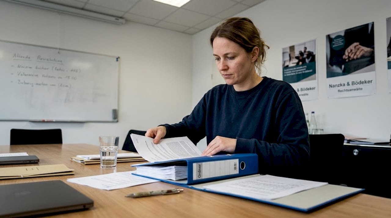 Eine Mitarbeiterin im Büro prüft und ordnet die verschiedenen Tarifunterlagen sorgfältig.