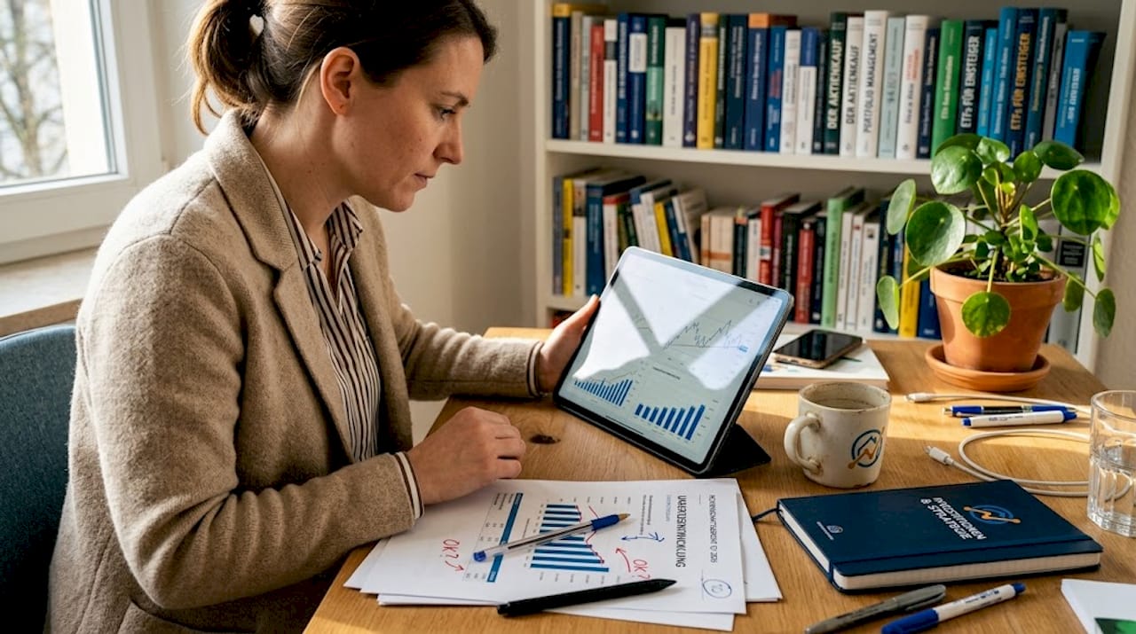 Eine Frau sitzt am Schreibtisch und vergleicht verschiedene Preisübersichten.