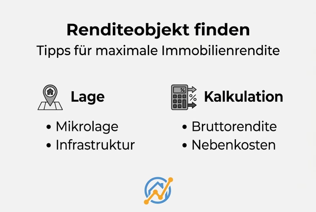Die Infografik gibt einen Überblick über die wichtigsten Auswahlkriterien für rentable Immobilien.