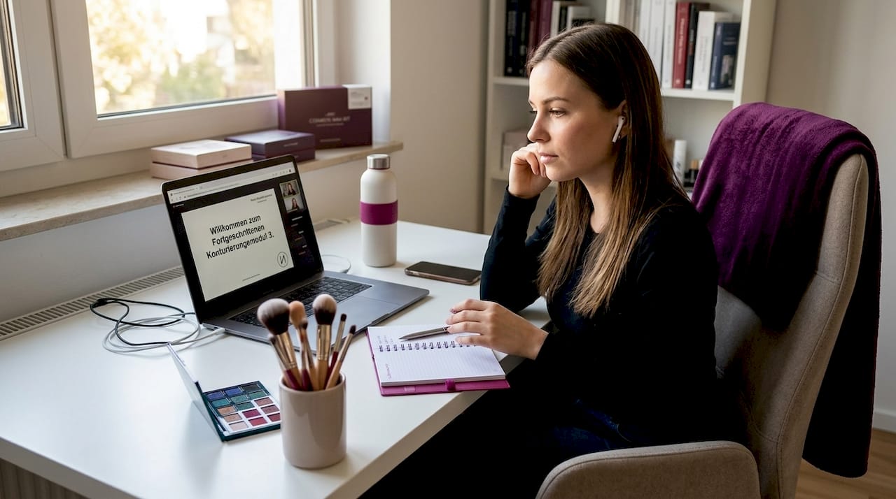 Eine Studentin nimmt bequem von zu Hause aus an einer Online-Ausbildung im Bereich Kosmetik teil.