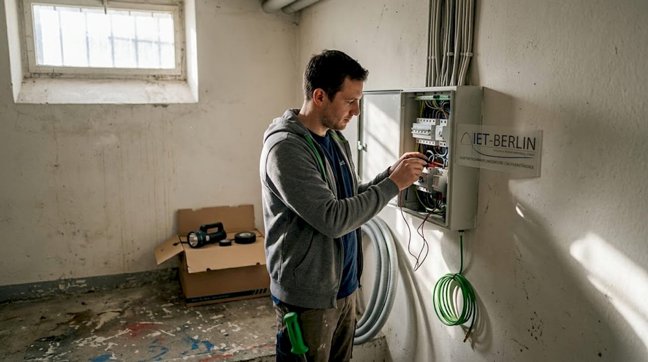 Ein Fachmann kontrolliert den Hausanschlusskasten im Keller auf seine Funktionstüchtigkeit.