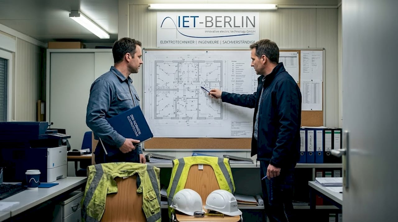 Im Baubüro gehen die Bauleiter gemeinsam die Elektroplanung durch und achten darauf, dass alle Vorgaben und Normen eingehalten werden.