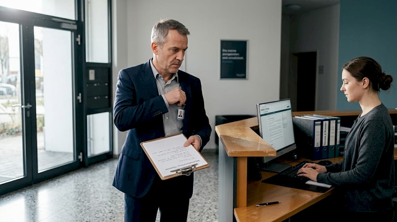 Der Prüfer trägt seinen Besuch beim Unternehmen am Empfang ins Besucherbuch ein.