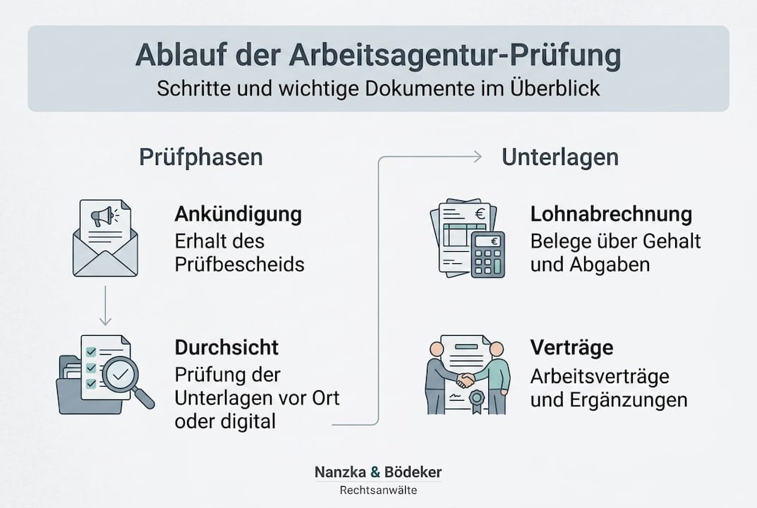 Übersicht: So läuft eine Prüfung durch die Arbeitsagentur ab – die wichtigsten Begriffe im Überblick