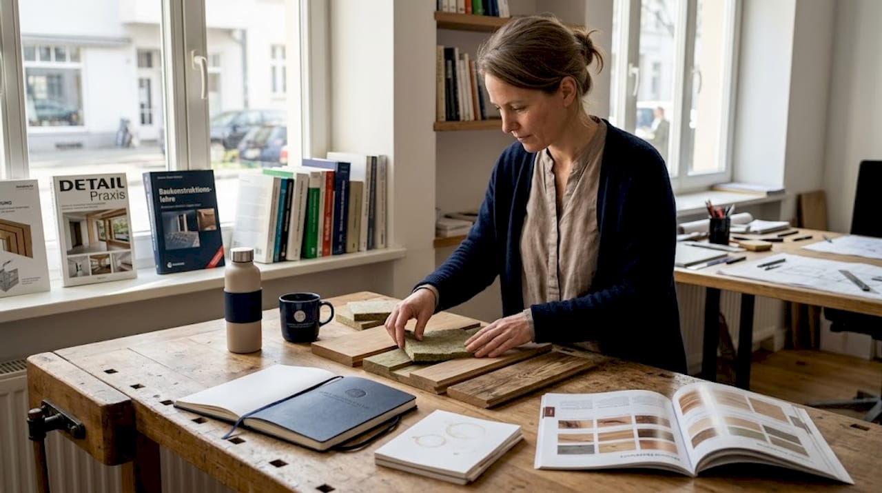Ein Architekt setzt auf nachhaltige Baustoffe und achtet bei der Planung auf umweltfreundliche Materialien.