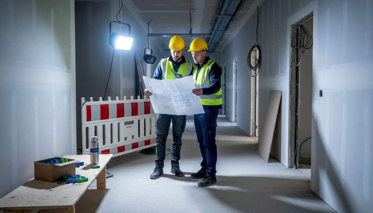 Auf der Baustelle stimmen sich die Mitarbeiter über Sicherheitsvorkehrungen ab.