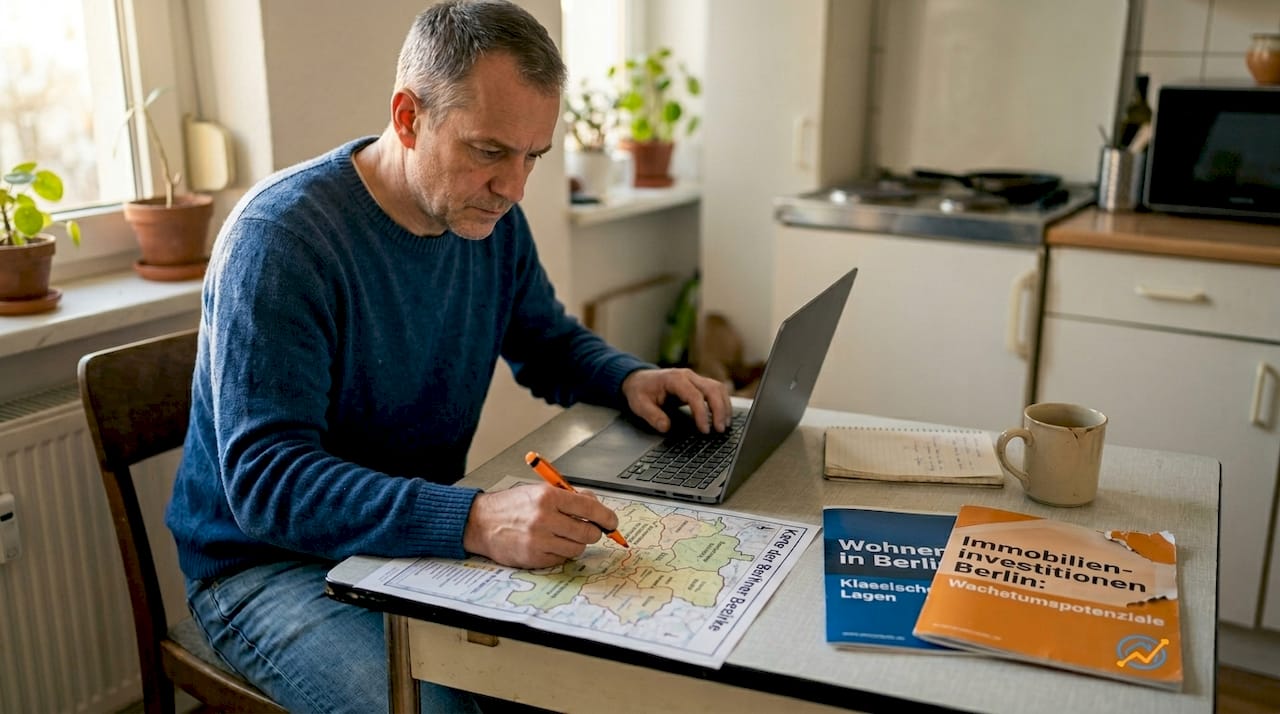 Ein Investor markiert verschiedene Stadtteile auf einer Berliner Stadtkarte.