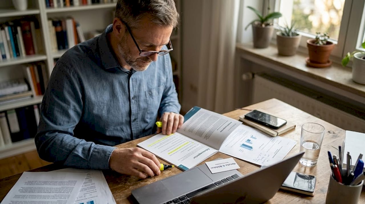 Ein Mann sitzt im Home-Office an seinem Schreibtisch und arbeitet konzentriert eine Checkliste ab.