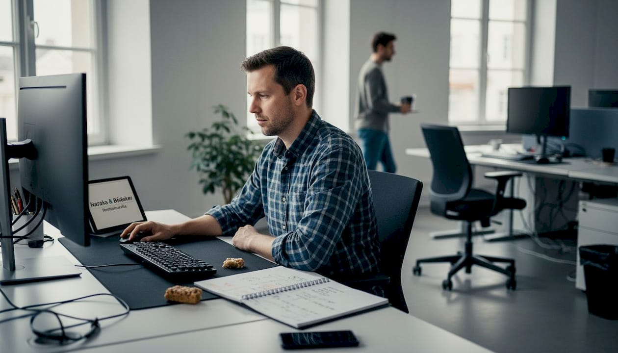 IT-Freelancer vertieft sich konzentriert in seine Arbeit am Schreibtisch.