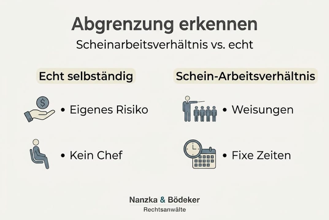 Übersicht: Was unterscheidet ein echtes Arbeitsverhältnis von einem Scheinarbeitsverhältnis? Verständlich erklärt in einer Infografik.