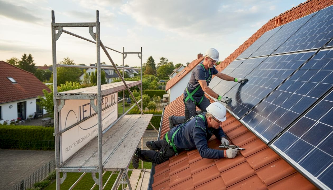 Fachkräfte installieren auf dem Dach eines Hauses moderne Solaranlagen.