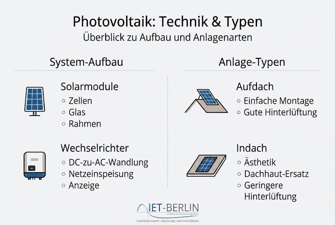 Die Infografik gibt einen Überblick über die verschiedenen Technologien und Bauarten von Photovoltaikanlagen.