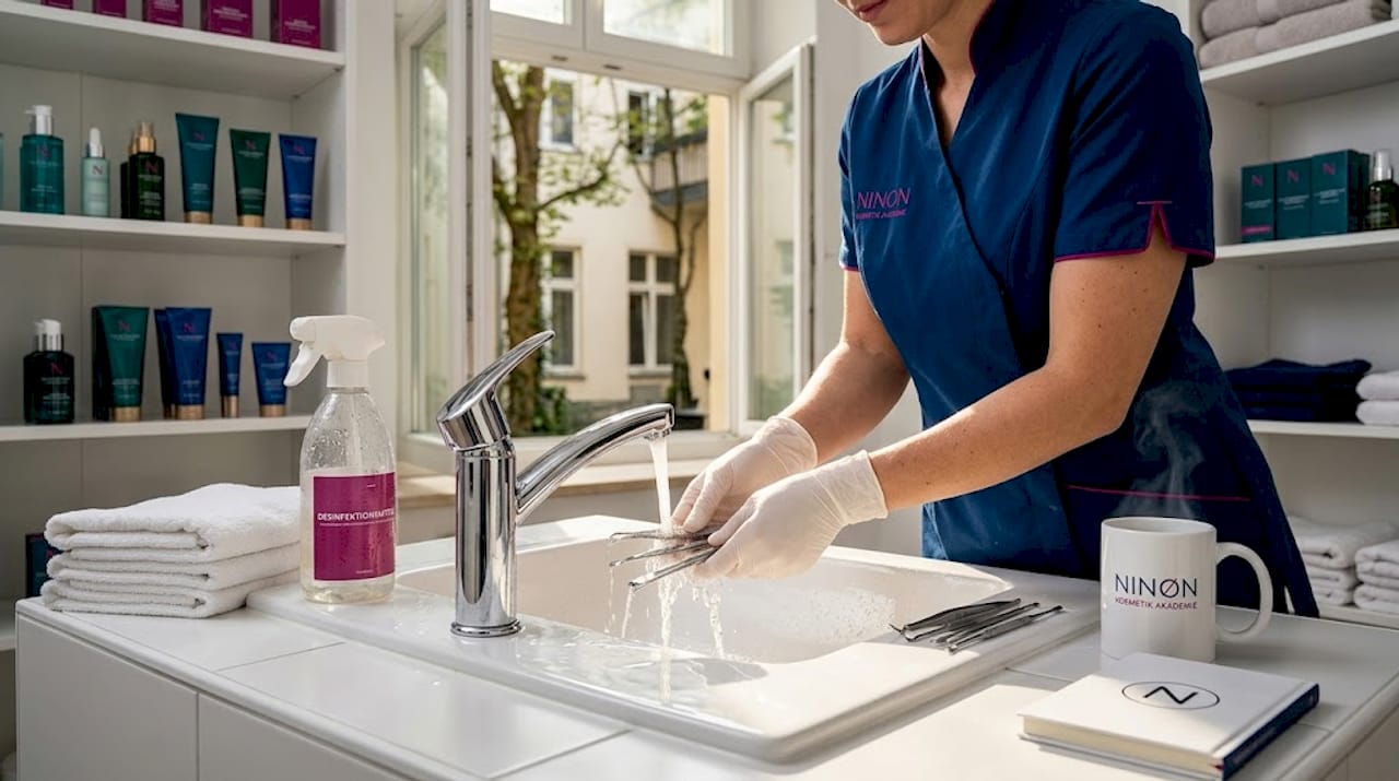 Zum Arbeitsalltag einer Kosmetikerin gehört es selbstverständlich, ihre Arbeitsutensilien regelmäßig und gründlich zu säubern.