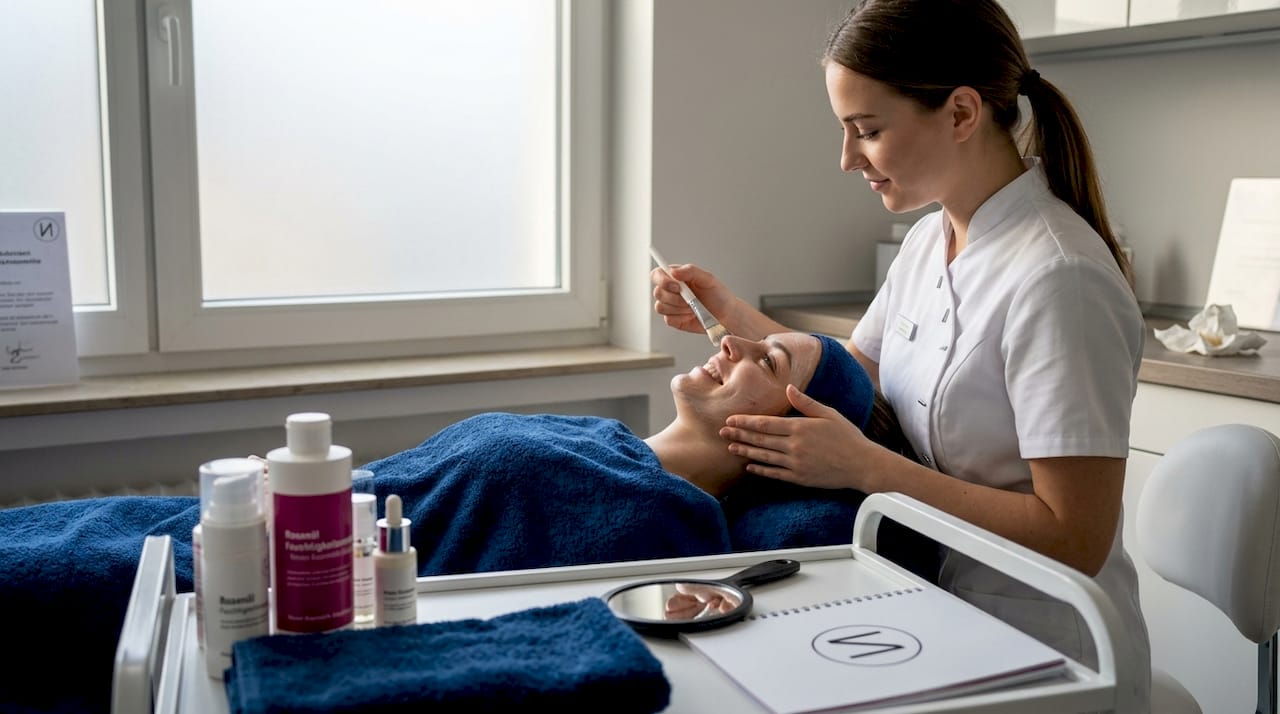 Eine erfahrene Kosmetikerin verwöhnt ihre Kundin mit einer professionellen Gesichtsbehandlung im stilvollen Ambiente ihres Studios.