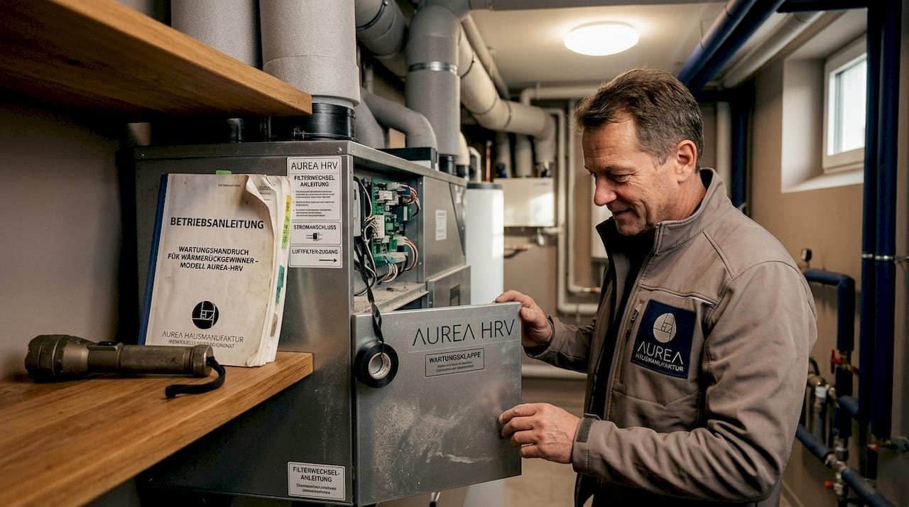 Ein Techniker öffnet die Wartungsklappe am Wärmerückgewinnungssystem.
