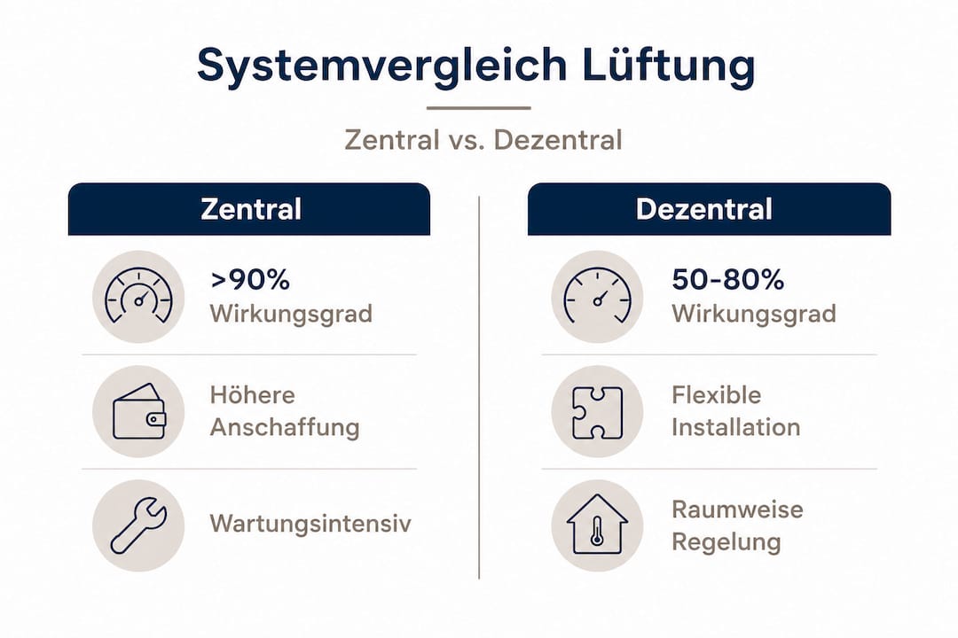 Infografik: Zentrale vs. dezentrale Lüftungssysteme im Vergleich