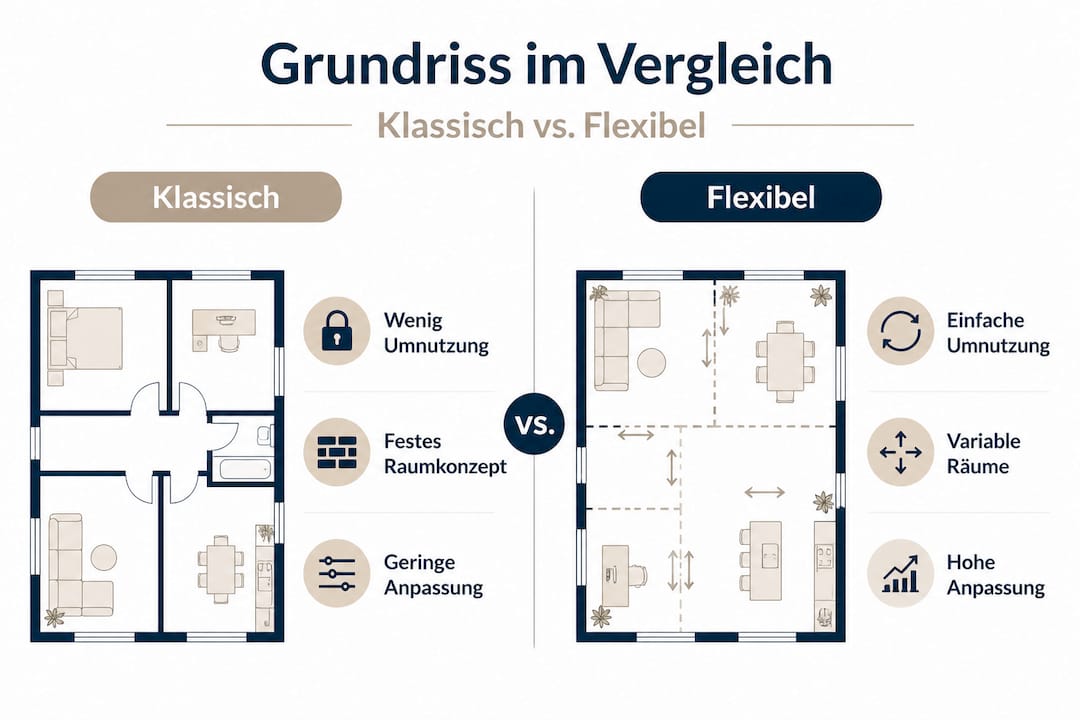 Vergleichsgrafik: Traditioneller versus flexibler Grundriss auf einen Blick