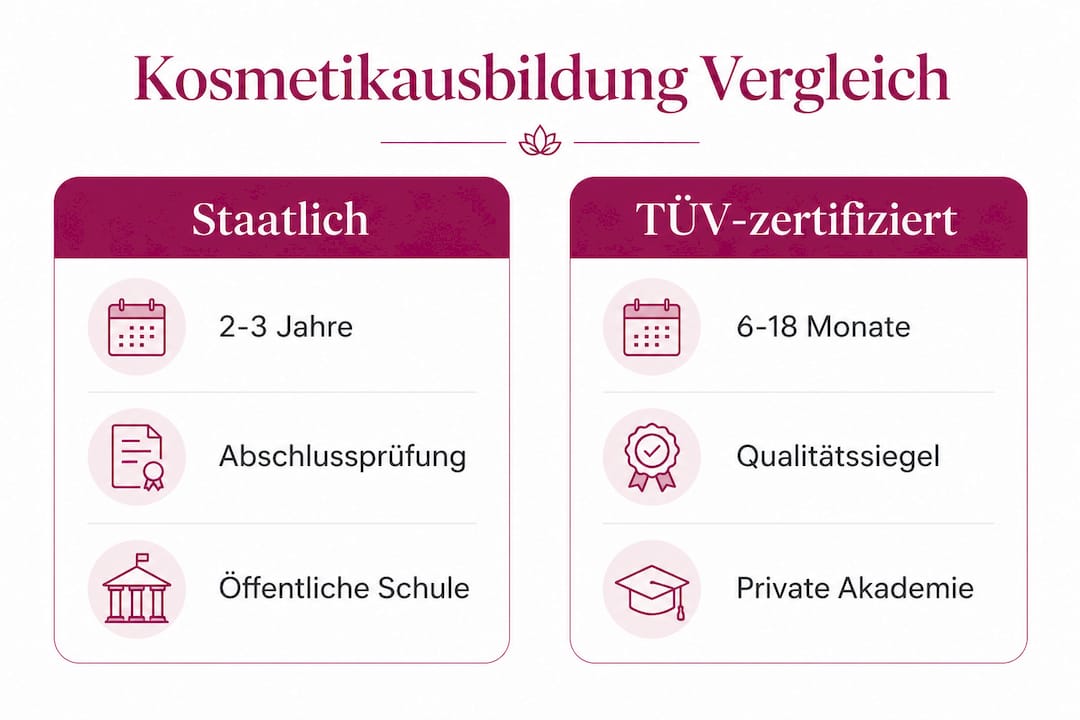 Infografik: Staatliche Kosmetikausbildung vs. TÜV-zertifizierte Kurse im direkten Vergleich
