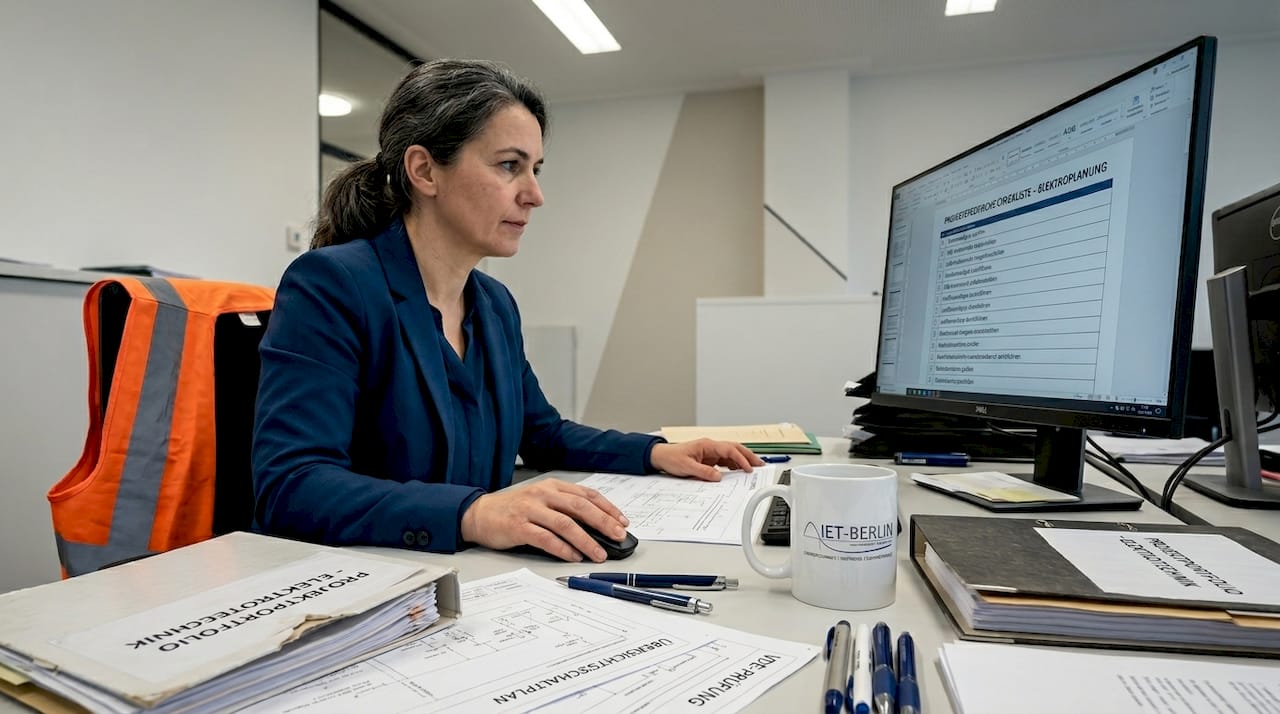 Die Bauleiterin nimmt die Unterlagen zur Elektrotechnik genau unter die Lupe.