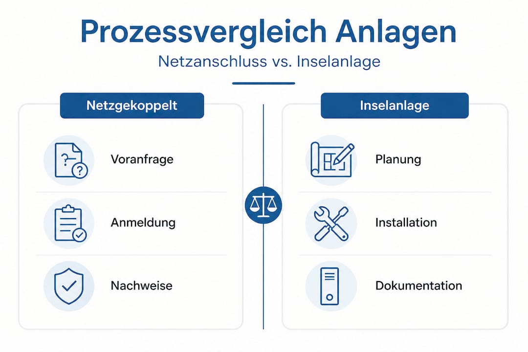 Infografik: Genehmigungsverfahren für Netzanschluss und Inselbetrieb im Vergleich