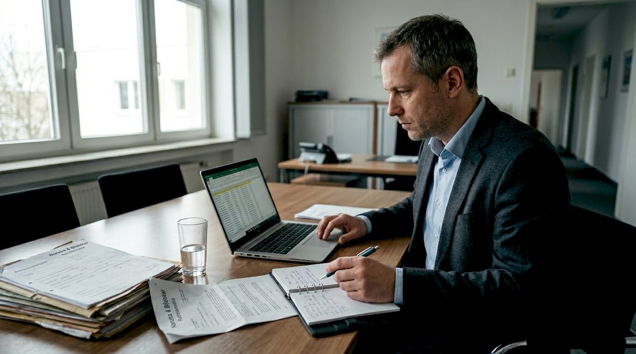 Ein HR-Manager nimmt die Unterlagen von Zeitarbeitskräften genau unter die Lupe.