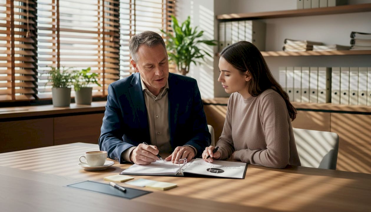Beratungsgespräch zur Baufinanzierung in einer Bankfiliale