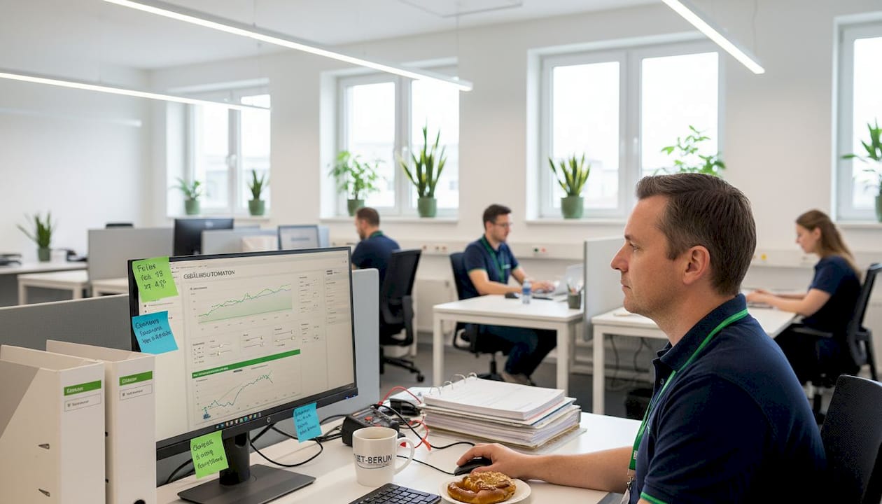 Ein Techniker bringt das Bürosystem auf den neuesten Stand und sorgt für eine reibungslose Automatisierung der Abläufe.