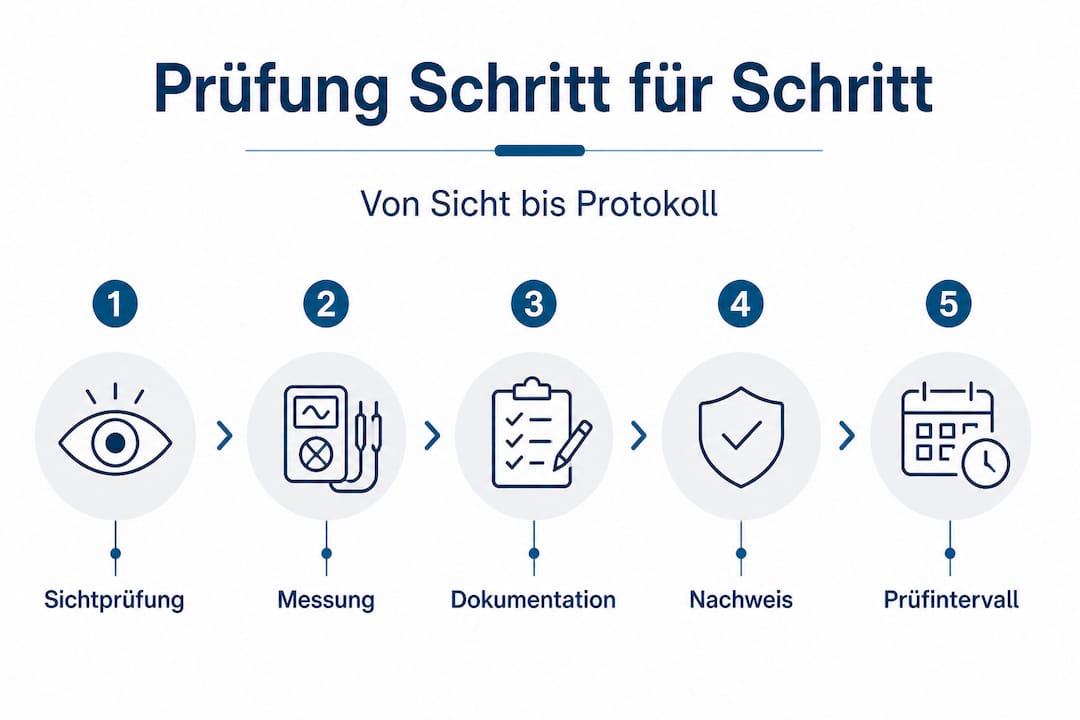 Die Infografik veranschaulicht die einzelnen Schritte der elektrischen Sicherheitsprüfung.