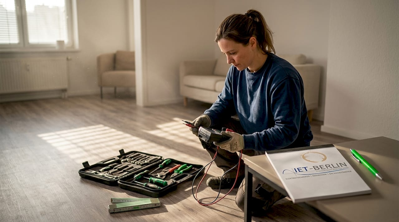 Eine Technikerin stellt die Messgeräte für die bevorstehende Elektroprüfung bereit.