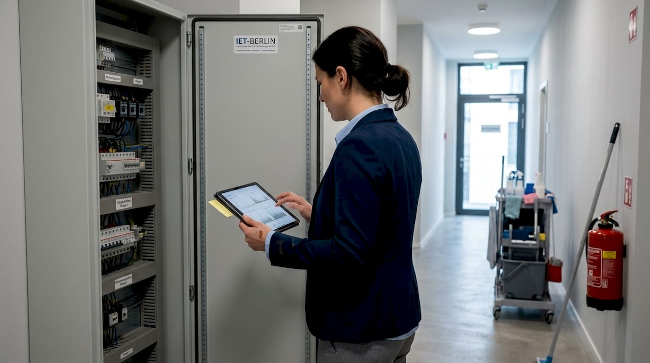 Ein Manager prüft die Energiewerte direkt am Schaltschrank.