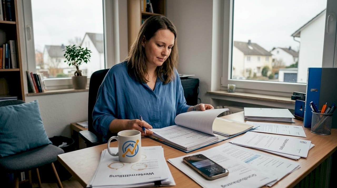 Im heimischen Arbeitszimmer bringt eine Frau Ordnung in ihre Unterlagen rund um Immobilien.