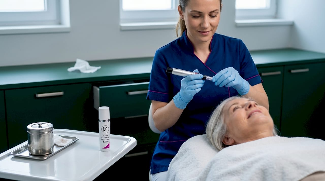 Eine erfahrene Kosmetikerin trifft alle Vorbereitungen für das bevorstehende Microneedling – von der gründlichen Reinigung der Haut bis zur Auswahl der passenden Produkte.