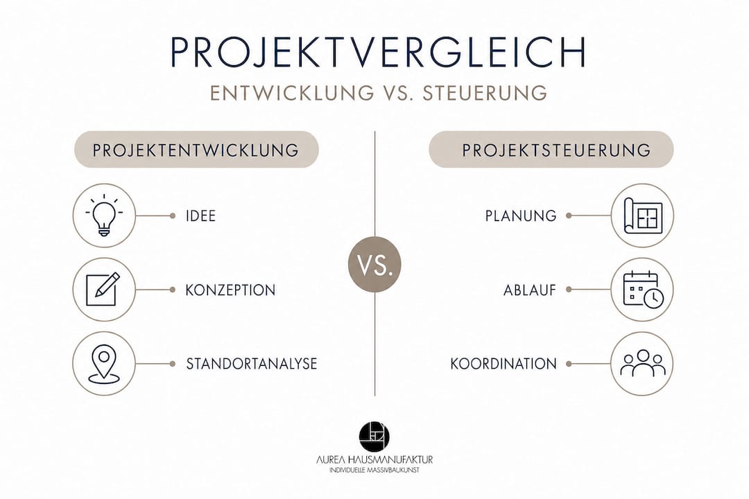 Übersichtsgrafik: Unterschiede und Gemeinsamkeiten in der Projektentwicklung und Projektsteuerung