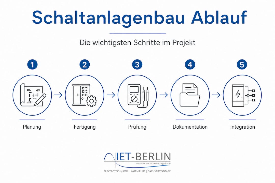 Eine anschauliche Infografik veranschaulicht die einzelnen Schritte im Schaltanlagenbau.