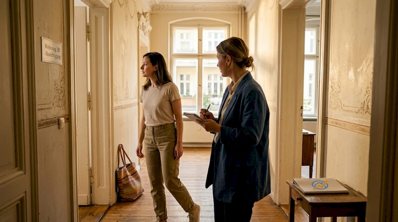 Interessenten und Maklerin beim gemeinsamen Betreten der Wohnung