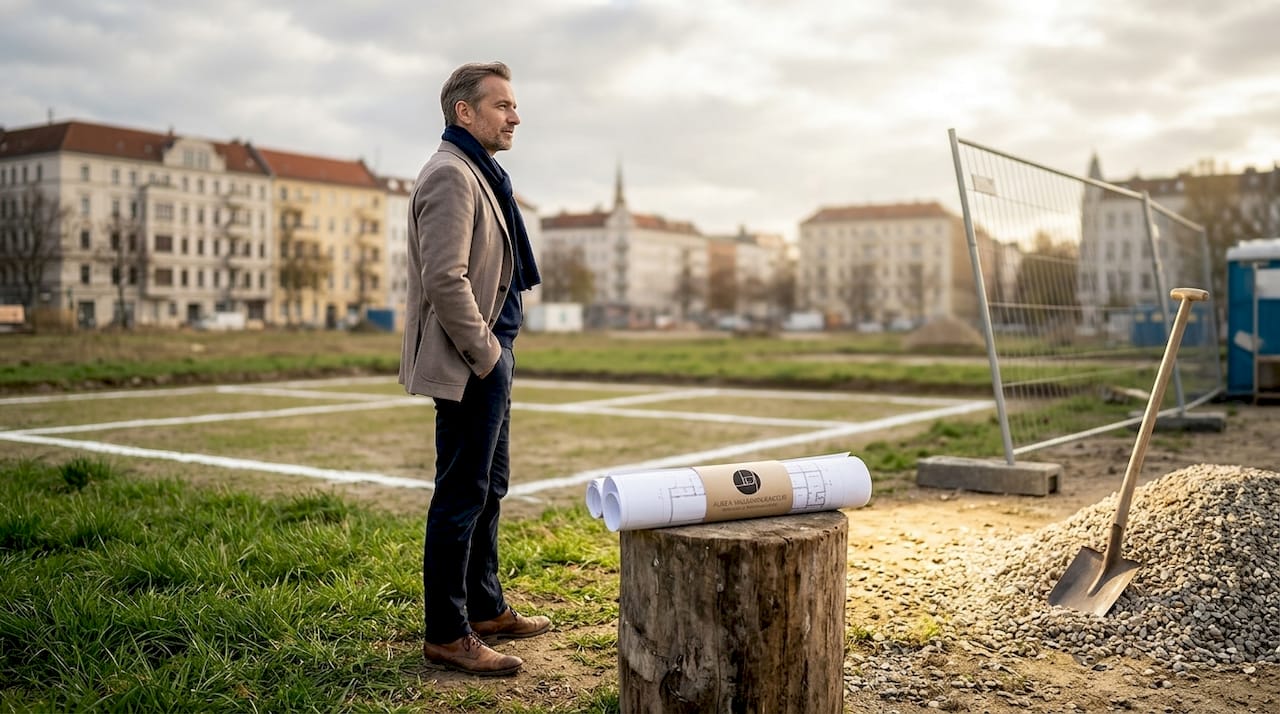Ein Mann studiert den Bauplan auf einer Baustelle und verschafft sich einen Überblick über das Grundstück.