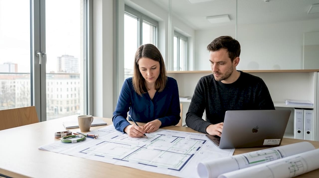 Eine Architektin übernimmt die Planung der Elektroinstallation für ein Büro.