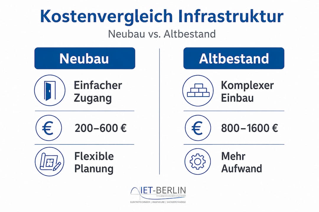 Grafik veranschaulicht Kostenunterschiede beim Aufbau von Ladeinfrastruktur in Neubauten und Bestandsgebäuden.