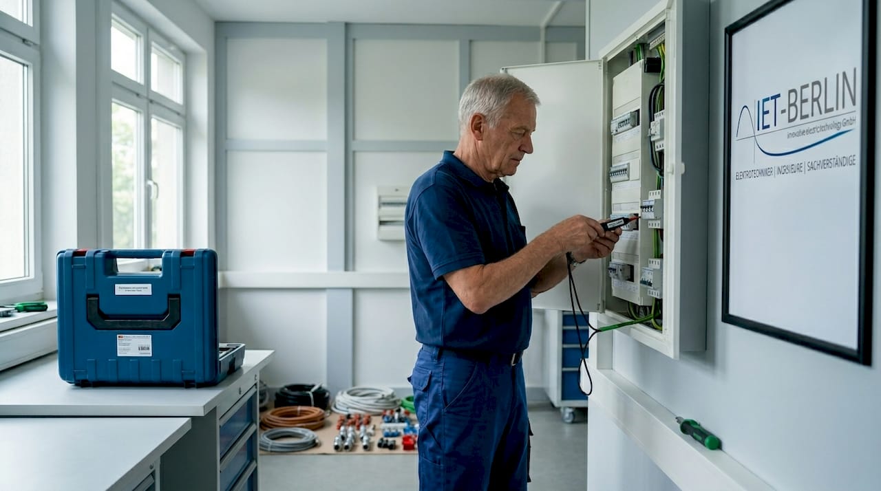 In der Werkstatt kontrolliert ein Elektriker die Sicherheitsvorkehrungen.