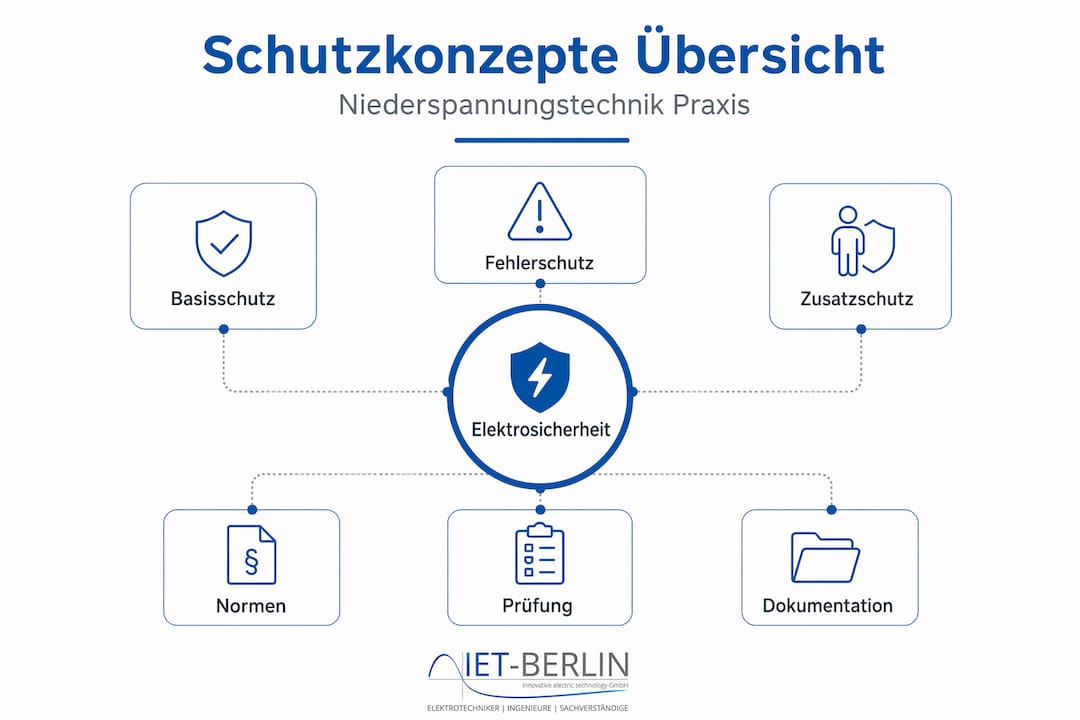 Grafische Übersicht: Aufbau und Ebenen von Schutzkonzepten in der Niederspannungstechnik