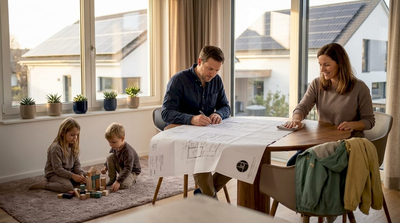 Eine Berliner Familie sitzt gemeinsam am Esstisch; durch das Fenster sieht man draußen die Solarpanels auf dem Dach.