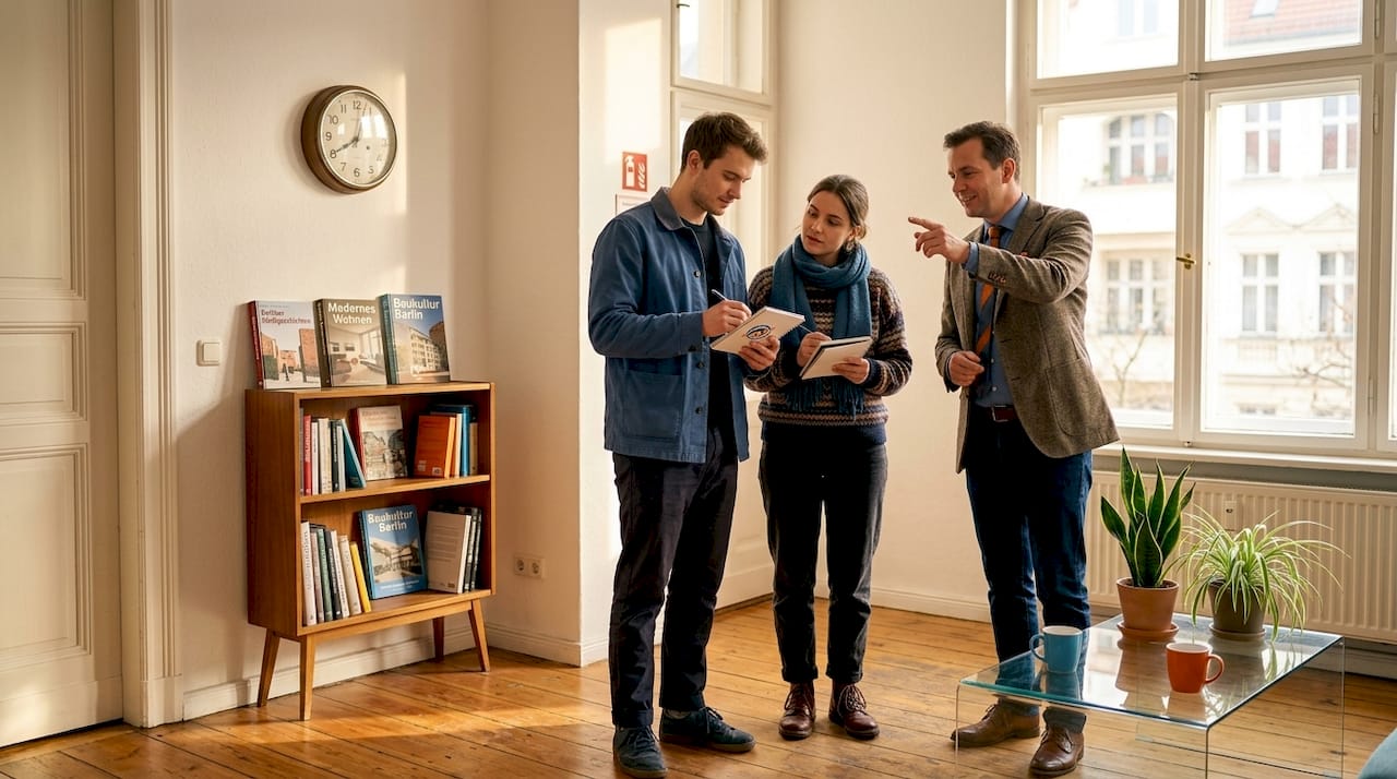 Gemeinsame Wohnungsbesichtigung mit dem Makler und jungen Interessenten