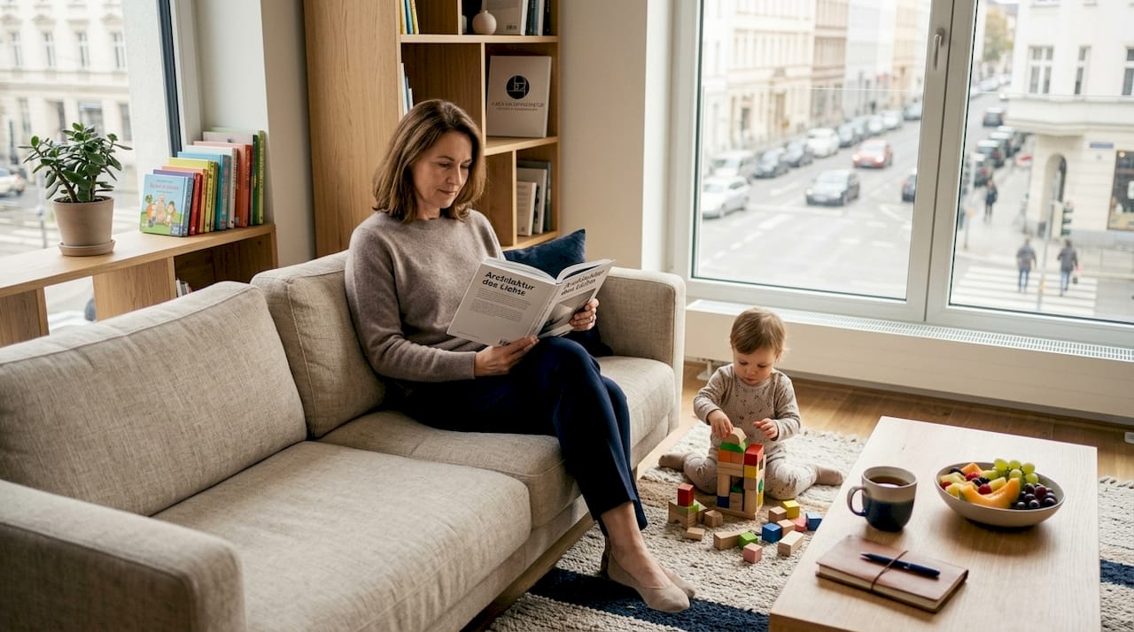 Während die Mutter in ihrem Buch schmökert, vertieft sich das Kind ins Spielen im gemütlichen Wohnzimmer mitten in der Stadt.