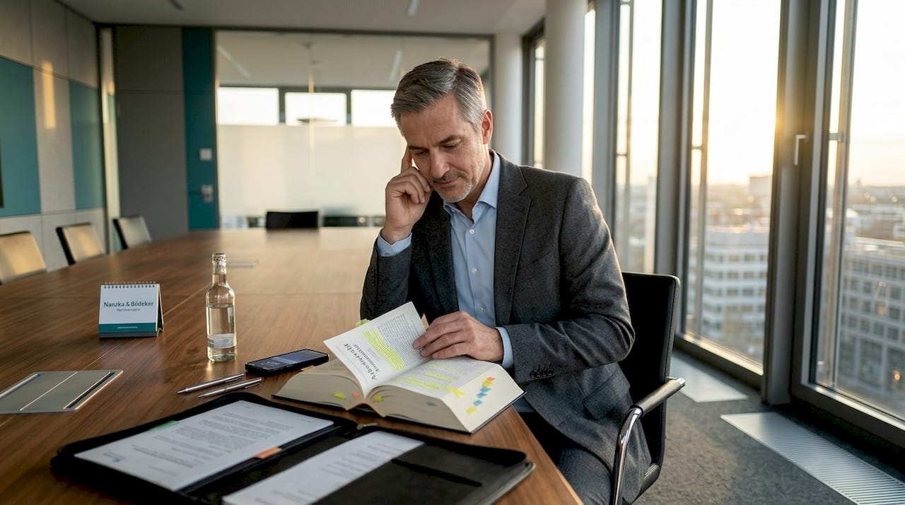 Ein Mann sitzt nachdenklich am Konferenztisch und studiert Unterlagen zum Arbeitsrecht.