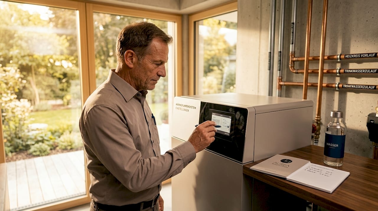 Ein Servicetechniker kontrolliert die Wärmepumpe im Heizungskeller.