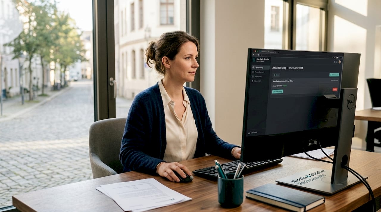 Büroangestellter erfasst seine Arbeitszeiten digital