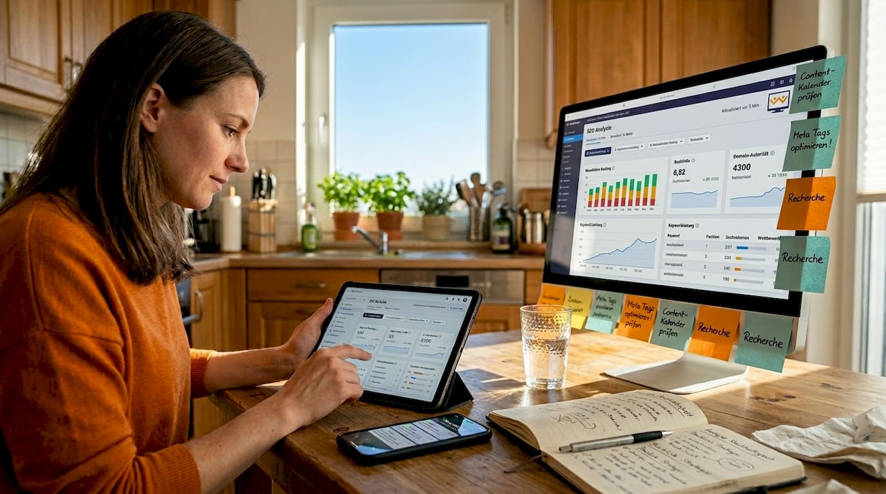 Eine Frau analysiert von zu Hause aus die SEO-Daten ihrer Website.
